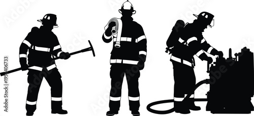 Firefighter silhouettes set with equipment isolated on white background, emergency response concept, fire rescue service, safety protection, professional crew illustration design