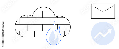 Cloud computing, cybersecurity, email protection, data security, network defense, growth analysis. Cloud-shaped firewall with a flame, envelope icon upward trend arrow. Cybersecurity and data