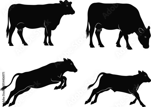 Black silhouettes of cows in different poses white background cattle
