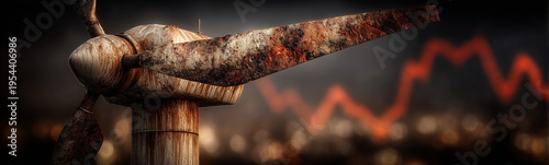 Wind Turbine's Financial Predicament: A distressed wind turbine, bearing the brunt of time and the financial pressures, stands against a blurry backdrop of a declining economic indicator.