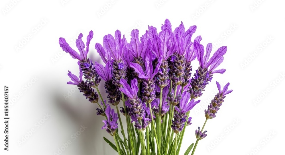 Obraz premium Vibrant purple lavender flowers with green stems, a beautiful aromatic plant for aromatherapy, essential oils, and natural beauty products isolated PNG with Transparent Background