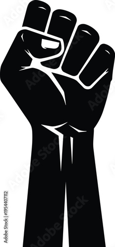 Raised fist silhouette symbol isolated on white background, protest power concept, resistance movement, unity strength, activism sign, freedom rights, bold graphic illustration