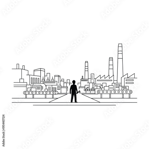 Industrial landscape with a worker in the foreground, symbolizing automation and manufacturing processes in a factory setting