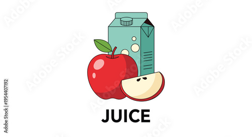 Red apple next to a carton of apple juice represents healthy eating, natural nutrition, fresh fruit drinks, and organic food lifestyle.