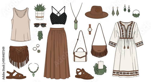 Bohemian fashion flat lay vector set with summer clothes embroidered dress maxi skirt and leather accessories