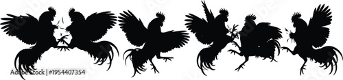 Black silhouettes of roosters in various aggressive fighting poses chickens