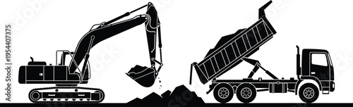 Black silhouette vector illustration of heavy excavator digging soil and loading dumper truck on construction site for industrial earthworks and engineering