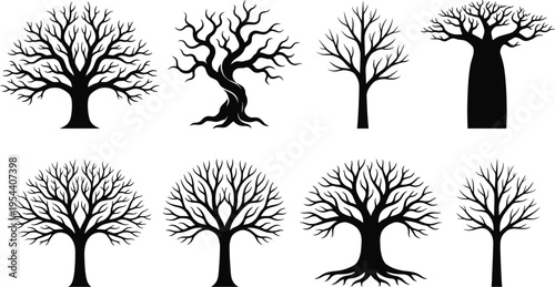 Collection of leafless tree silhouettes dead winter oak wood forest branches baobab trunk nature landscape elements set for graphic design vector