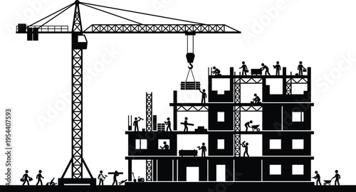 Construction site silhouette with tower crane and workers building high rise apartment block professional industrial engineering and urban development vector