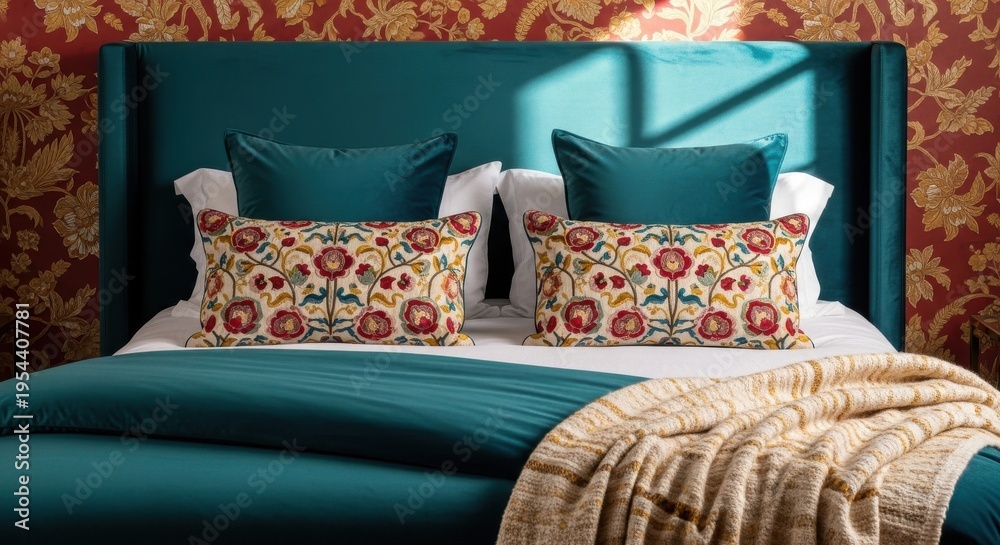 Fototapeta premium Luxurious Teal Platform Bed with Ornate Embroidered Pillows and Velvet Headboard in a Serene Bedroom Setting