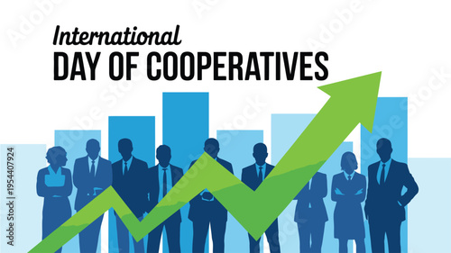 International Day of Cooperatives illustration with business team members and a rising success chart