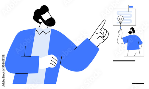 Teamwork, creativity, brainstorming, innovation, leadership, project development, business strategy. Man pointing at presentation with lightbulb concept. Creativity and brainstorming concepts