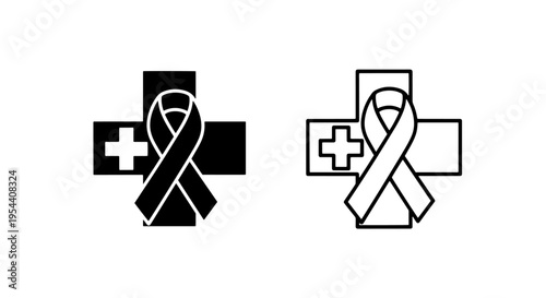 Medical cross with ribbon icon, black and white, cancer awareness symbol
