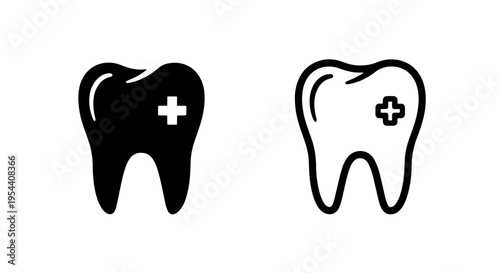 Tooth icon with cross, black and white, dental medical symbol, vector