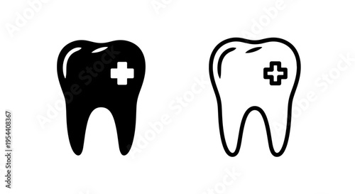 Dental health icons: tooth with cross symbol, black and white