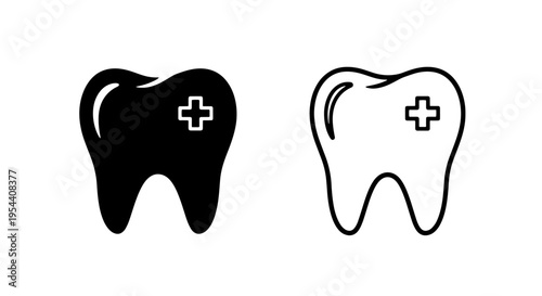 Tooth icon with cross, black and white, dental medical symbol, vector