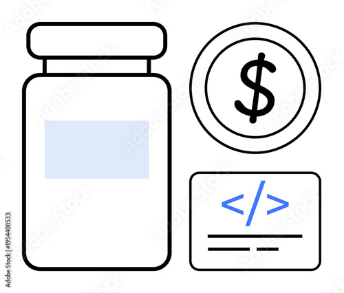 Healthcare costs, medical coding, technology, digital economy, pharmaceutical pricing, online healthcare. Features a pill bottle, dollar symbol and coding tag. Healthcare costs and medical coding