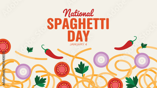 National Spaghetti Day background with scattered pasta and fresh vegetable elements