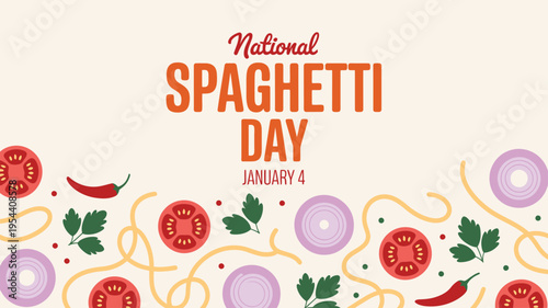 National Spaghetti Day banner with pasta strands and fresh ingredients on light background
