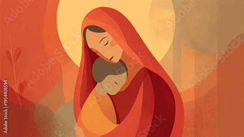 Vector illustration of mother holding baby, red and orange abstract background
