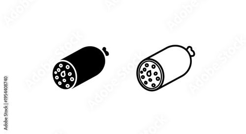 Sausage icons: black silhouette and outline, food graphic