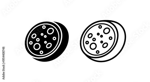 Sliced sausage icons: silhouette and outline, food graphic
