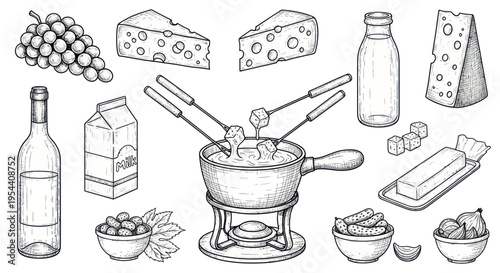 Cheese Fondue Ingredients: Grapes, Wine, Milk, Butter, Bread, Pickles, Figs