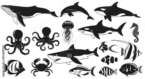 Collection of Marine Life Silhouettes: Whales, Dolphins, Sharks, Fish, Octopus, Seahorse, Jellyfish