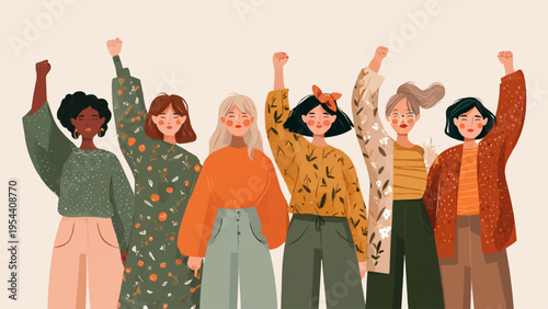 Vector illustration of six diverse women with fists raised in solidarity