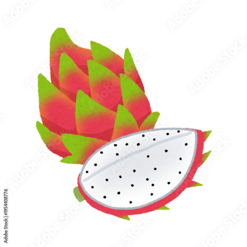 Illustration of a dragon fruit with a cross section, showing vibrant colors and detailed texture