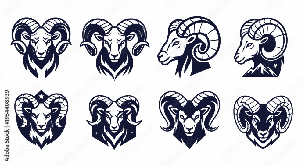 Obraz premium Ram Head Icons Set - Aries Zodiac Sign and Animal Emblems