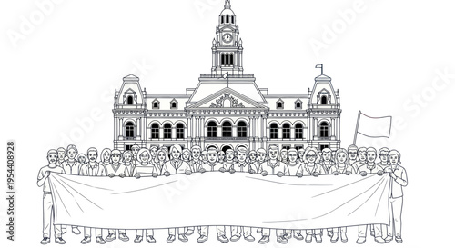 Protestors with Banner in Front of Government Building