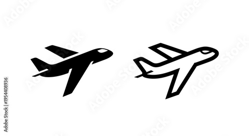 Airplane icon vector silhouette black and white - flight symbol with flight path