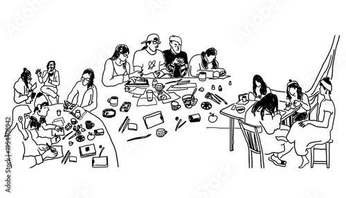 People sitting around a table in a collaborative workspace illustration