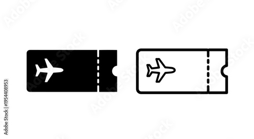 Airplane ticket icon vector silhouette black and white - travel booking with ticket stub