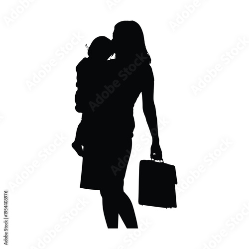 Loving businesswoman kissing child while holding briefcase