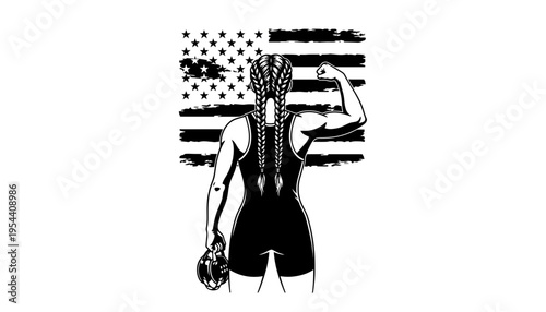 American female wrestler silhouette illustration with USA flag background