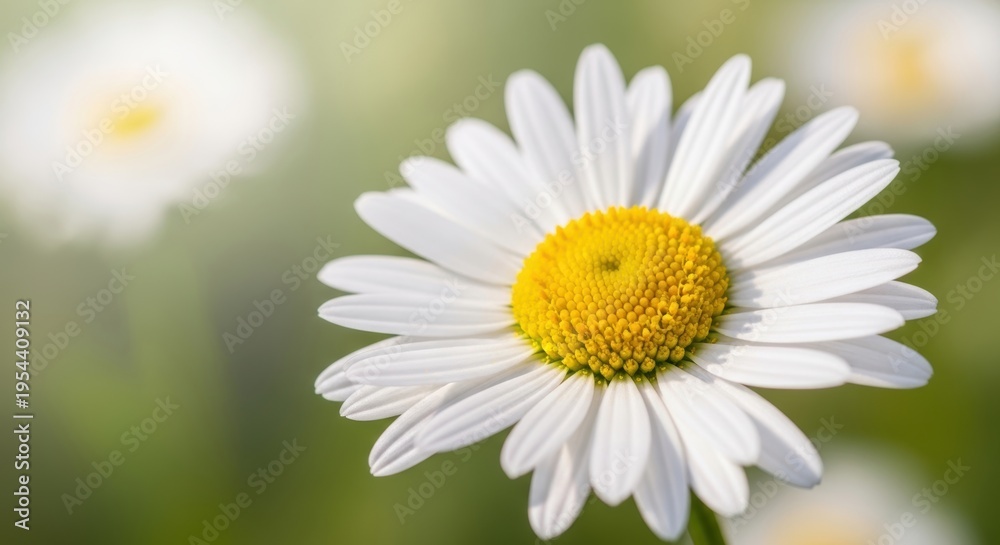 Obraz premium Close-up of a vibrant white daisy flower with a bright yellow center, showcasing delicate petals and a soft green bokeh background, perfect for spring and nature-themed designs.