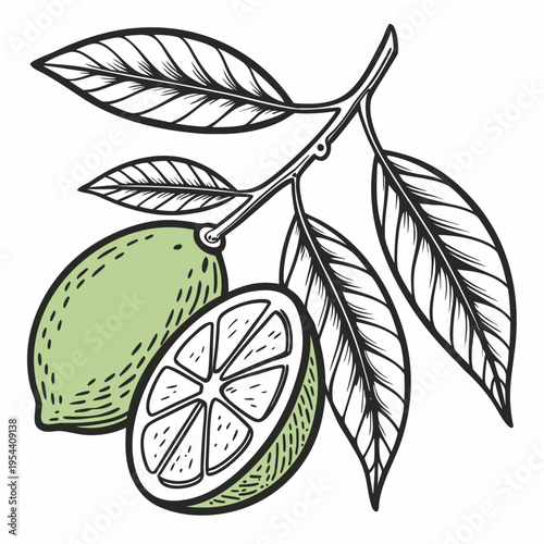 Vector illustration of green citrus fruit with leaves and sliced half