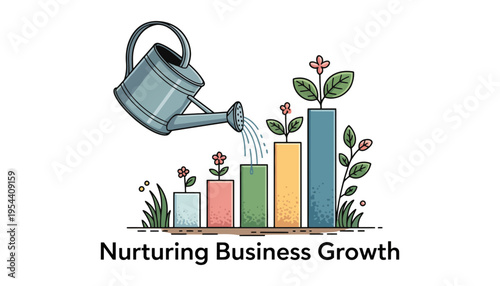 Business growth concept with a watering can and bar chart
