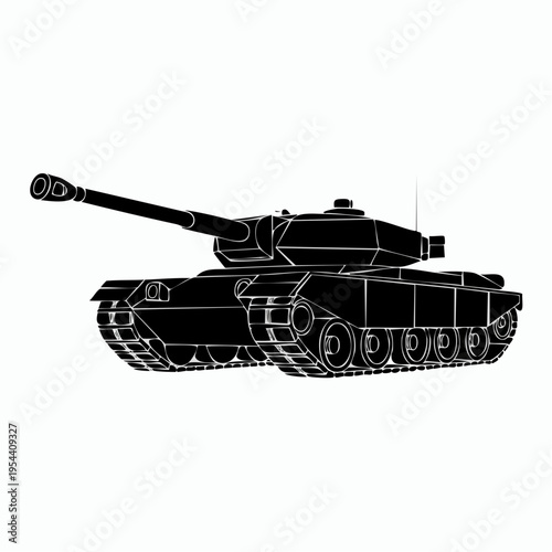 Black silhouette military tank illustration with white outline