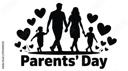 Silhouette family walking with children and hearts for Parents Day