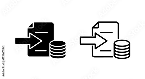 Document with arrow and stack of coins icon: data ingestion and transaction