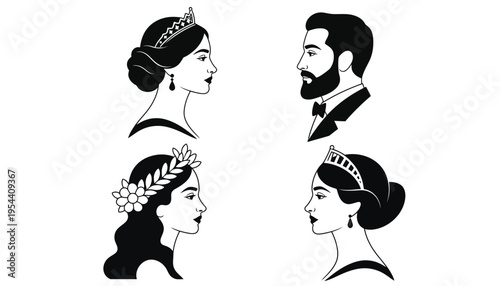 A royal couple vector illustration with crowns and formal attire