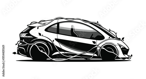 Futuristic stylized car illustration with organic tendrils wraps around its sleek.