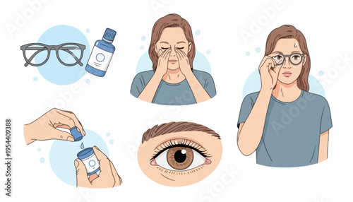 Glasses vector illustration of a woman with eye drops and vision correction