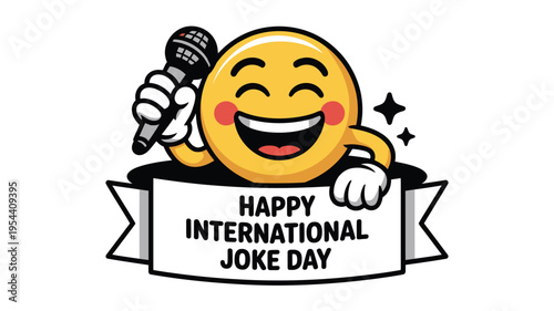 Smiling emoji character holds a microphone and a banner for International Joke Day