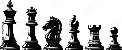 Chess pieces silhouettes king queen knight bishop rook and pawn strategy board game vector illustration isolated classic chess set