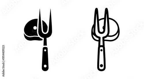 Meat fork and steak icon, black and white simple design for food service