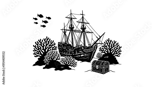 A shipwreck silhouette illustration with treasure chest and coral reef underwater